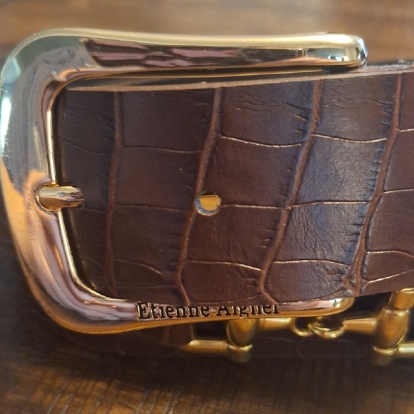 Etienne Aigner Brown Croco Embossed Faux Belt with 3 Horsebite Buckles Sections - Picture 2 of 8